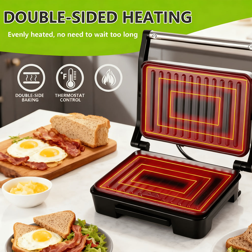 Silvery Panini Press Grill and Sandwich Maker with Listed 1000W Power, Nonstick Plates, Drip Tray, Floating Hinge and 180-Degree Opening for Home Cooking
