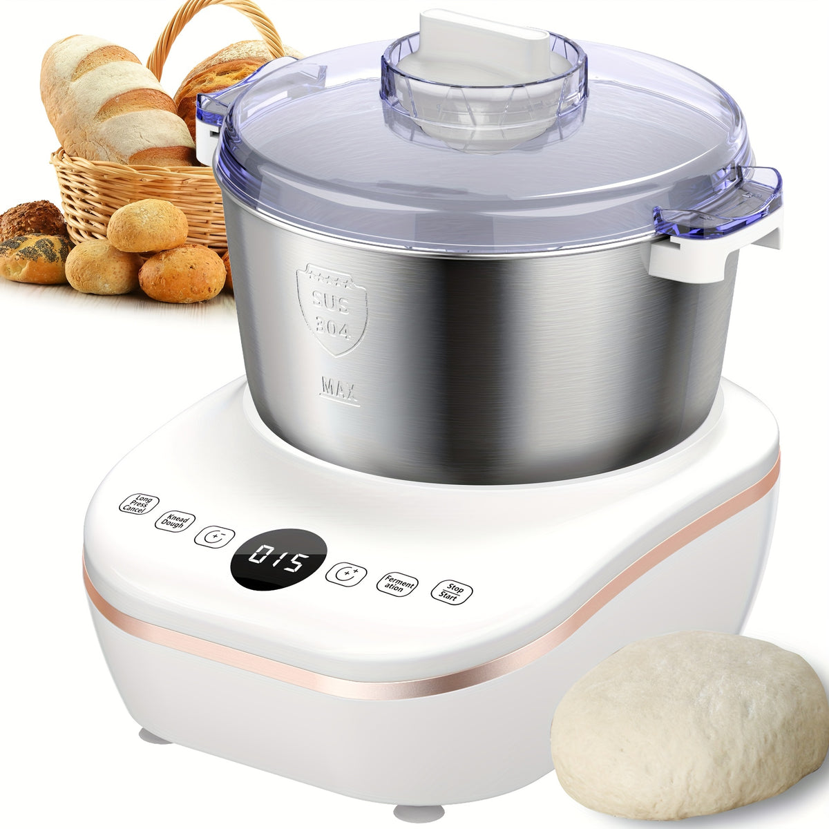 Timed Dough Mixing and Fermentation Machine in White with Listed 250W Motor, 304 Stainless Steel Bowl and Three Modes for Bread, Pizza and Home Dough Prep