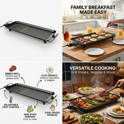 Electric Grill with Nonstick Roasting Surface, Adjustable Temperature and Listed Drip Tray, Extended-Length, Medium or Large Options for Family Meals