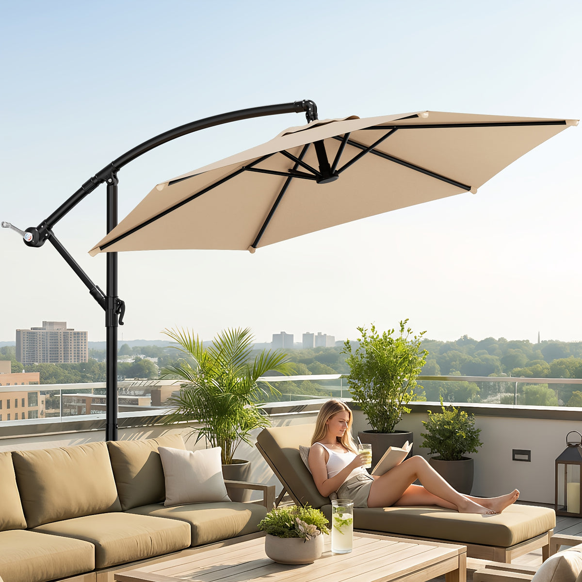 Cantilever Patio Umbrella, 10ft Offset Hanging Shade with Listed Tilt and Crank Operation, Six Ribs and Eleven Color Options for Pool Deck, Backyard and Garden Seating