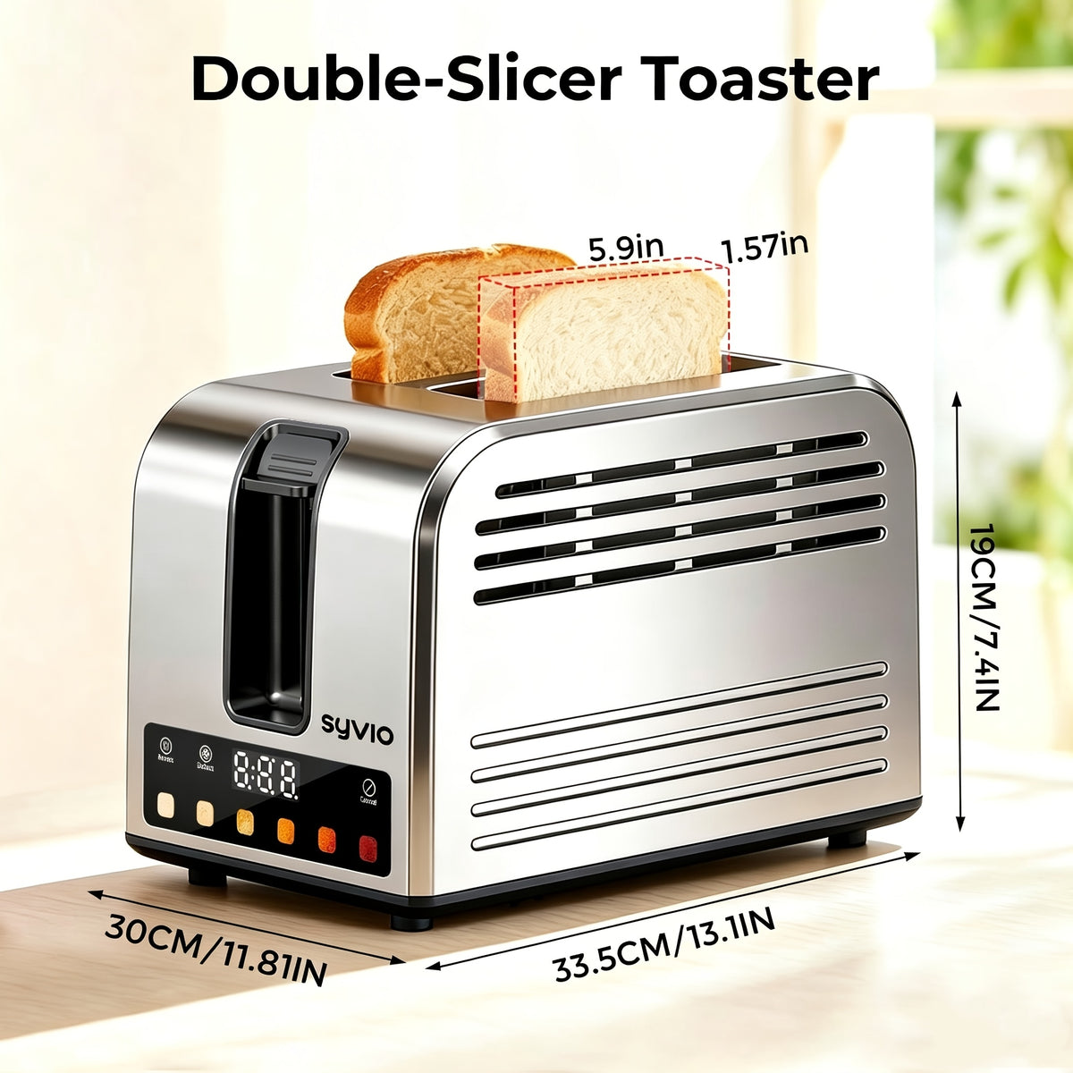 Stainless Steel Smart Toaster by Syvio with Listed Touchscreen Controls, Five Bread Types, Six Browning Levels, Wide Slots and Removable Tray for Breakfast