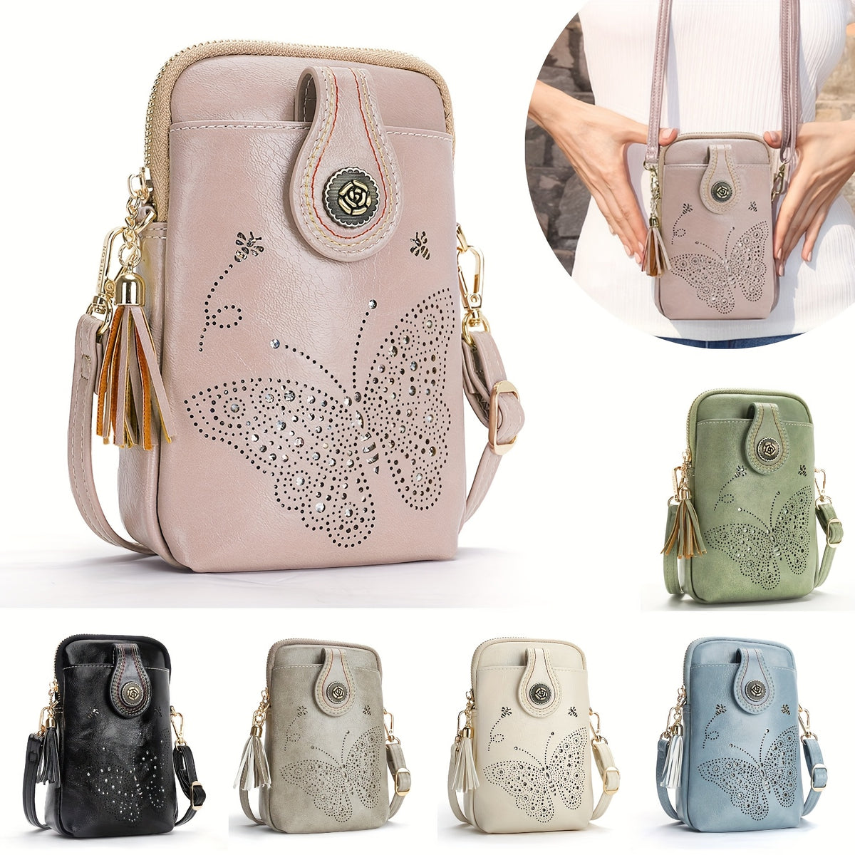 Butterfly Crossbody Phone Purse for Women with Shiny Pattern, Tassel, Adjustable Shoulder Strap and Zipper Closure in Five Colors for Everyday Outings