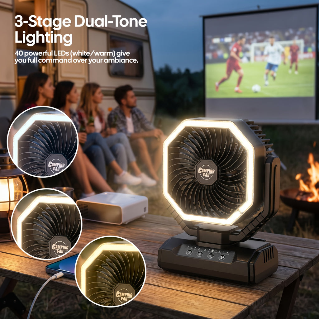 Battery Powered Camping Fan with 20000mAh Rechargeable Battery, Dual Auto Swing, 4 Speeds, 3-Level LED Light, 8-Hour Timer and Hanging Hook for Tents and RV Trips