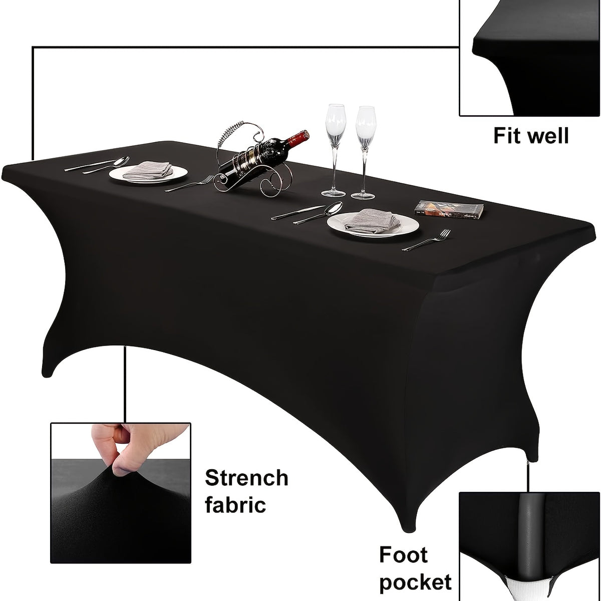 Stretch Table Covers for 6-Foot Rectangular Tables, Black or White Polyester Spandex Tablecloths with Leg Pockets, 3 or 5 Pack Options for Weddings and Displays