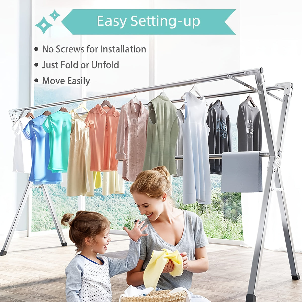 Three-Rod Clothes Drying Rack, Foldable Adjustable Metal Laundry Stand in Three Pole Galvanized Model for Clothing, Blankets and Bedding Air-Drying Routines