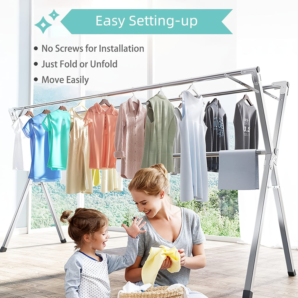 Three-Rod Clothes Drying Rack, Foldable Adjustable Metal Laundry Stand in Three Pole Galvanized Model for Clothing, Blankets and Bedding Air-Drying Routines
