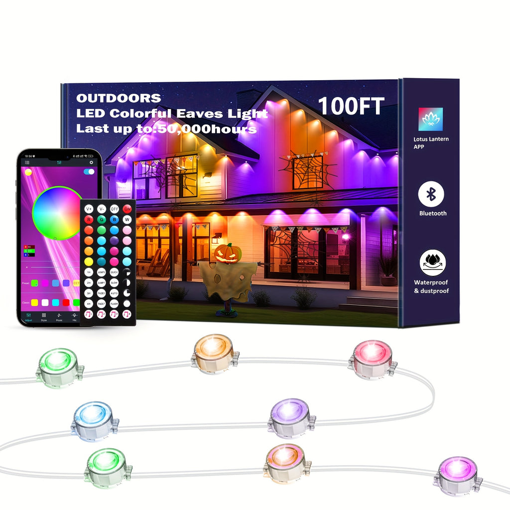 RGB Multicolor Eaves Lights with App and Remote Control, Music Sync, Timer and Dimming, 49ft, 100ft or 200ft for Outdoor Holiday House Decor