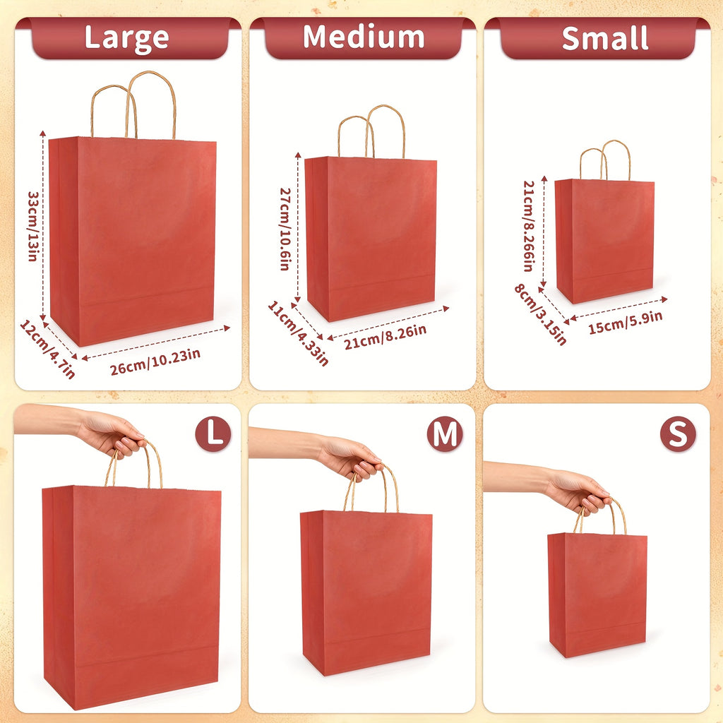 Red Kraft Gift Bags with Twisted Paper Handles, Listed 100-Pack in Small or Medium Sizes for Retail Packaging, Wedding Favors, Birthdays and Holiday Presents