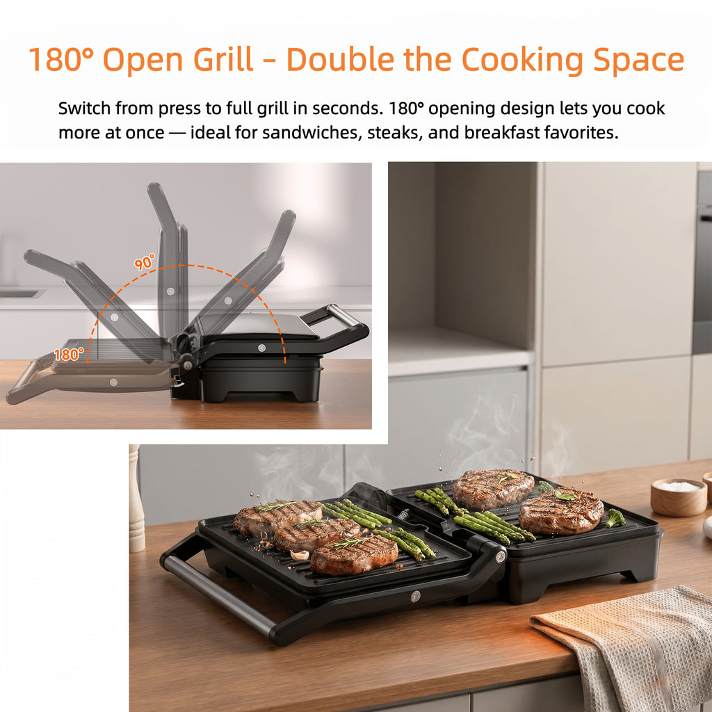 Silvery Panini Press Grill and Sandwich Maker with Listed 1000W Power, Nonstick Plates, Drip Tray, Floating Hinge and 180-Degree Opening for Home Cooking