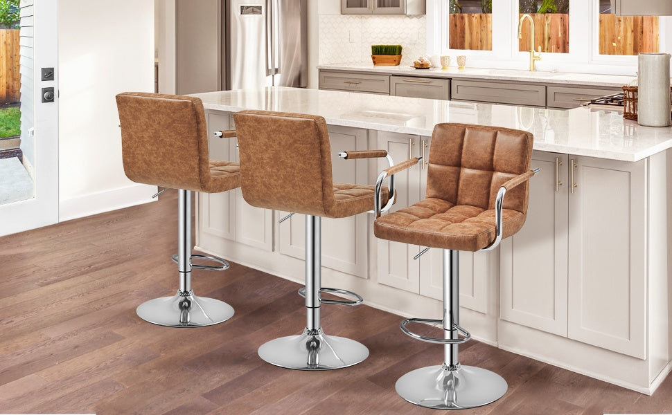 PU Leather Bar Stools Set of 2 by Costoffs, Adjustable Height and 360-Degree Swivel Seats with Backrests, Footrests and Steel Bases for Kitchen Islands