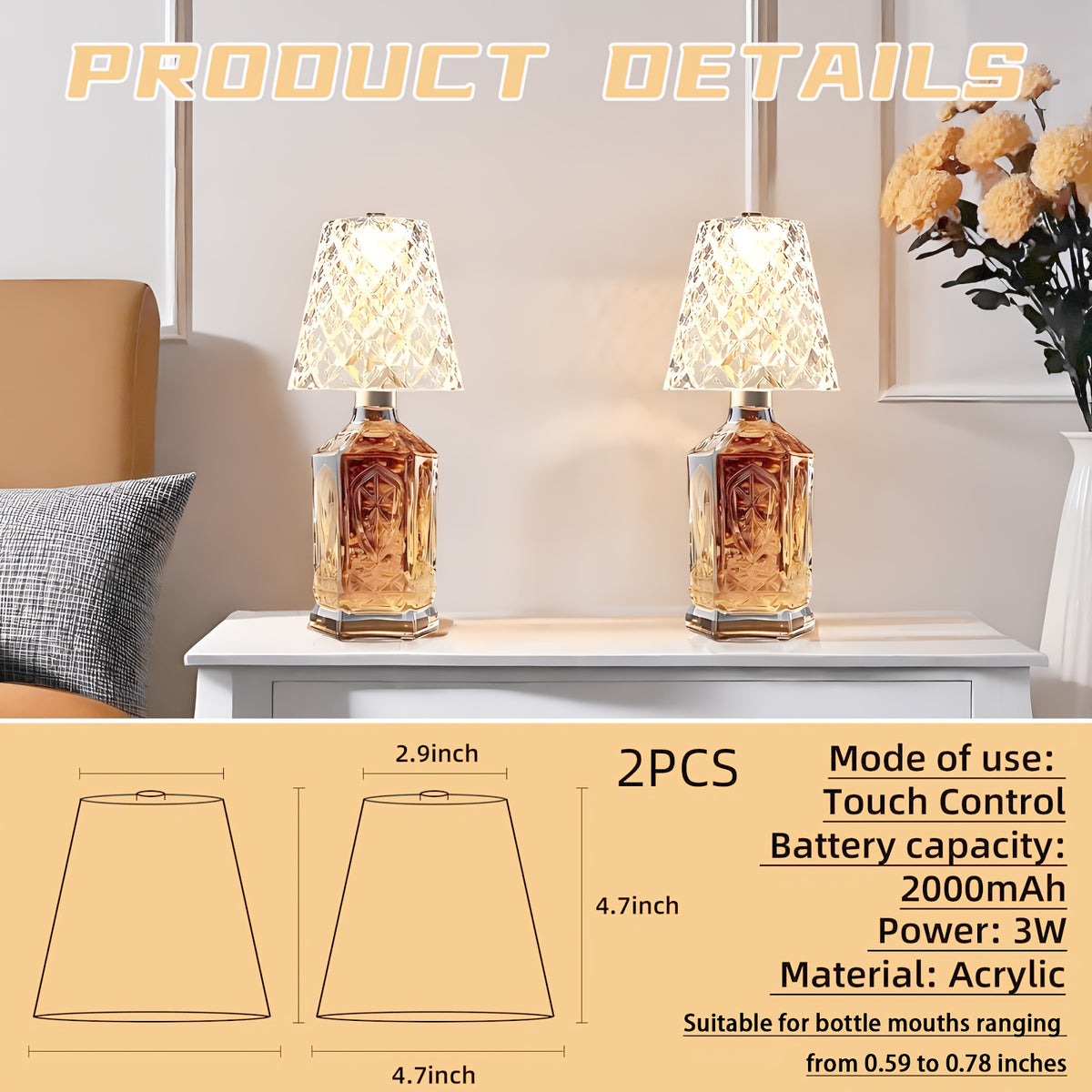 Rechargeable LED Bottle Table Lamp with Dimmable Lighting and Acrylic Lampshade, Crystal Style, Quantity 2 Option for Office and Wine-Themed Decor