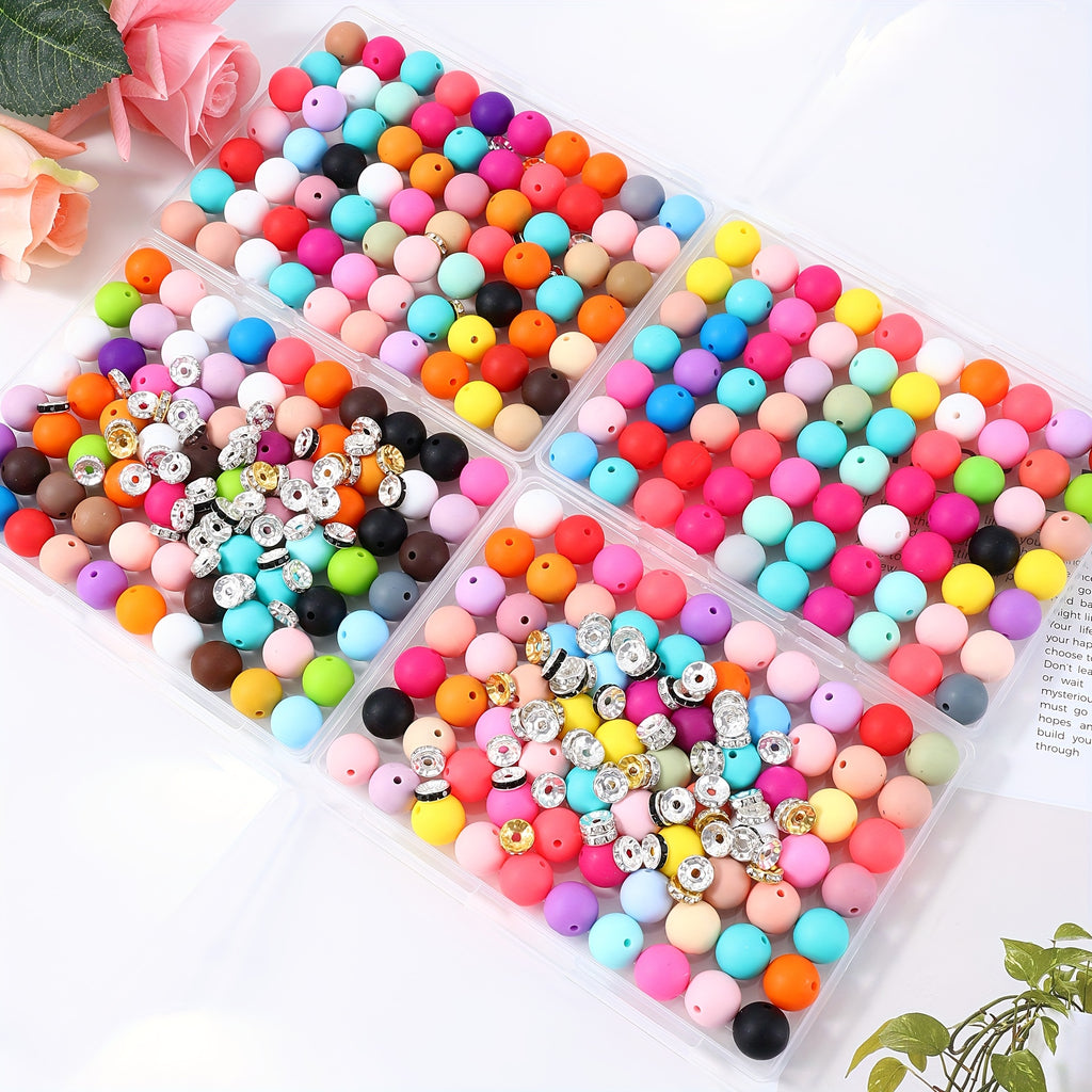 Silicone Beads and Rhinestone Spacer Craft Assortment, 210-Piece Mixed Color Selection with Listed 15mm Round Beads for Keychains, Bead Pens and DIY Pendants