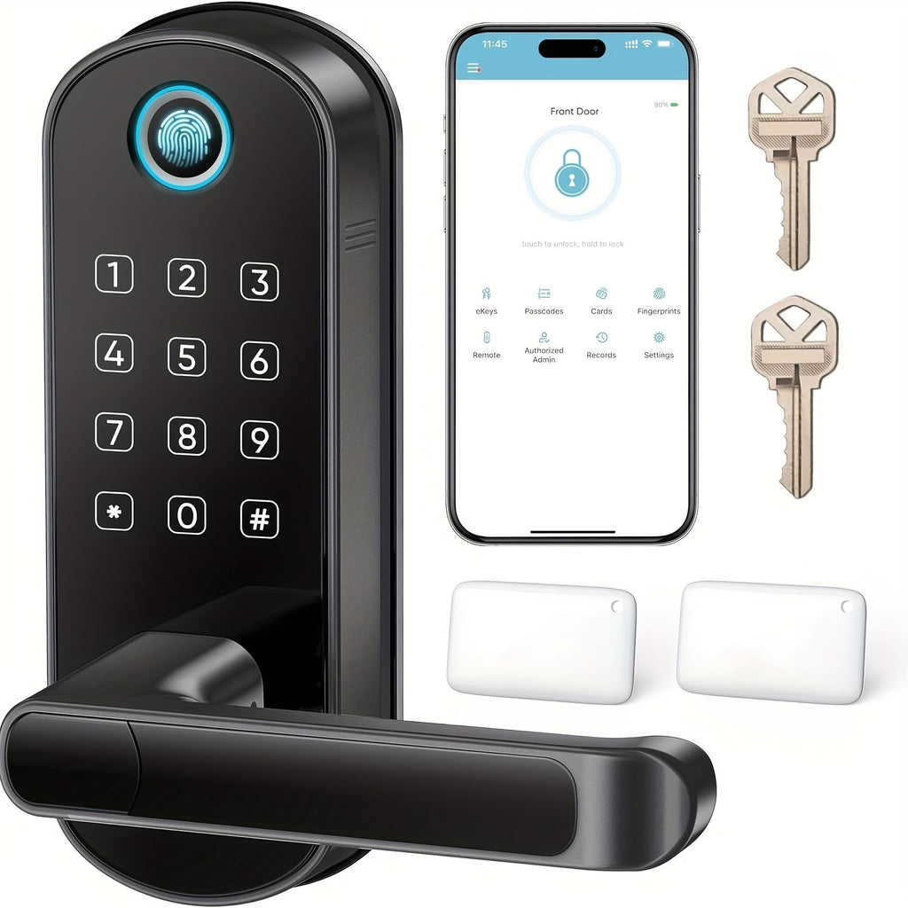 WiFi Smart Door Lock with Handle, Listed Fingerprint and Digital Keypad Access in Black or Silvery for Compatible Home Entryways, Office and Garage Access Doors