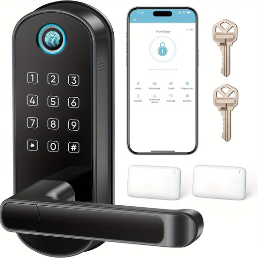 WiFi Smart Door Lock with Handle, Listed Fingerprint and Digital Keypad Access in Black or Silvery for Compatible Home Entryways, Office and Garage Access Doors
