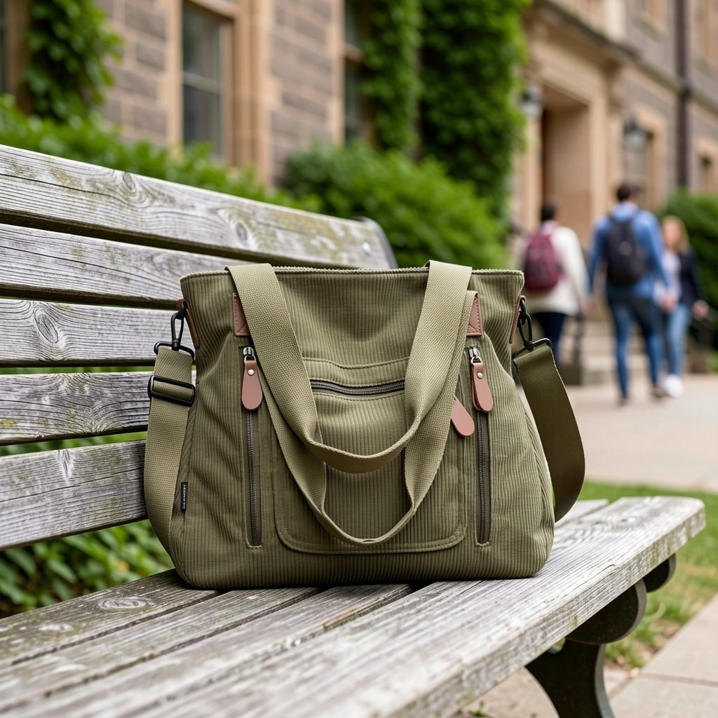 Retro Workwear Corduroy Handbag with Multiple Pockets, Women's Adjustable-Strap Shoulder and Crossbody Bag in Black, Grey or Green for Daily Commuting