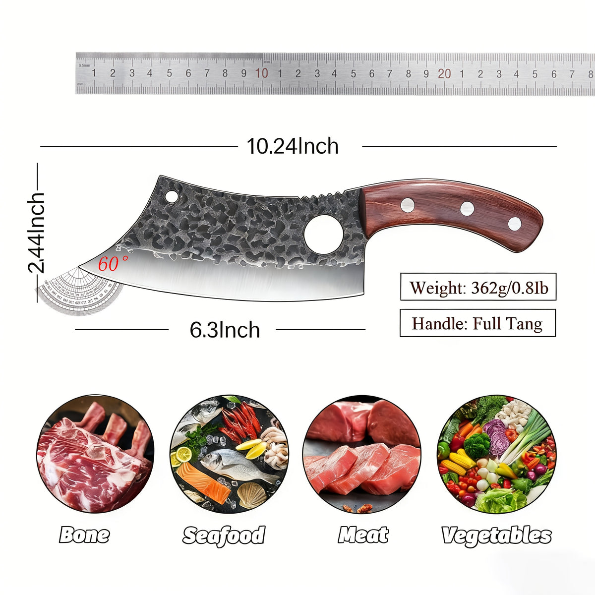 High Carbon Steel Meat Cleaver with Oak Wood Handle and Sheath, Viking Style Kitchen Knife for Meat and Vegetable Preparation, Camping Cooking and BBQ