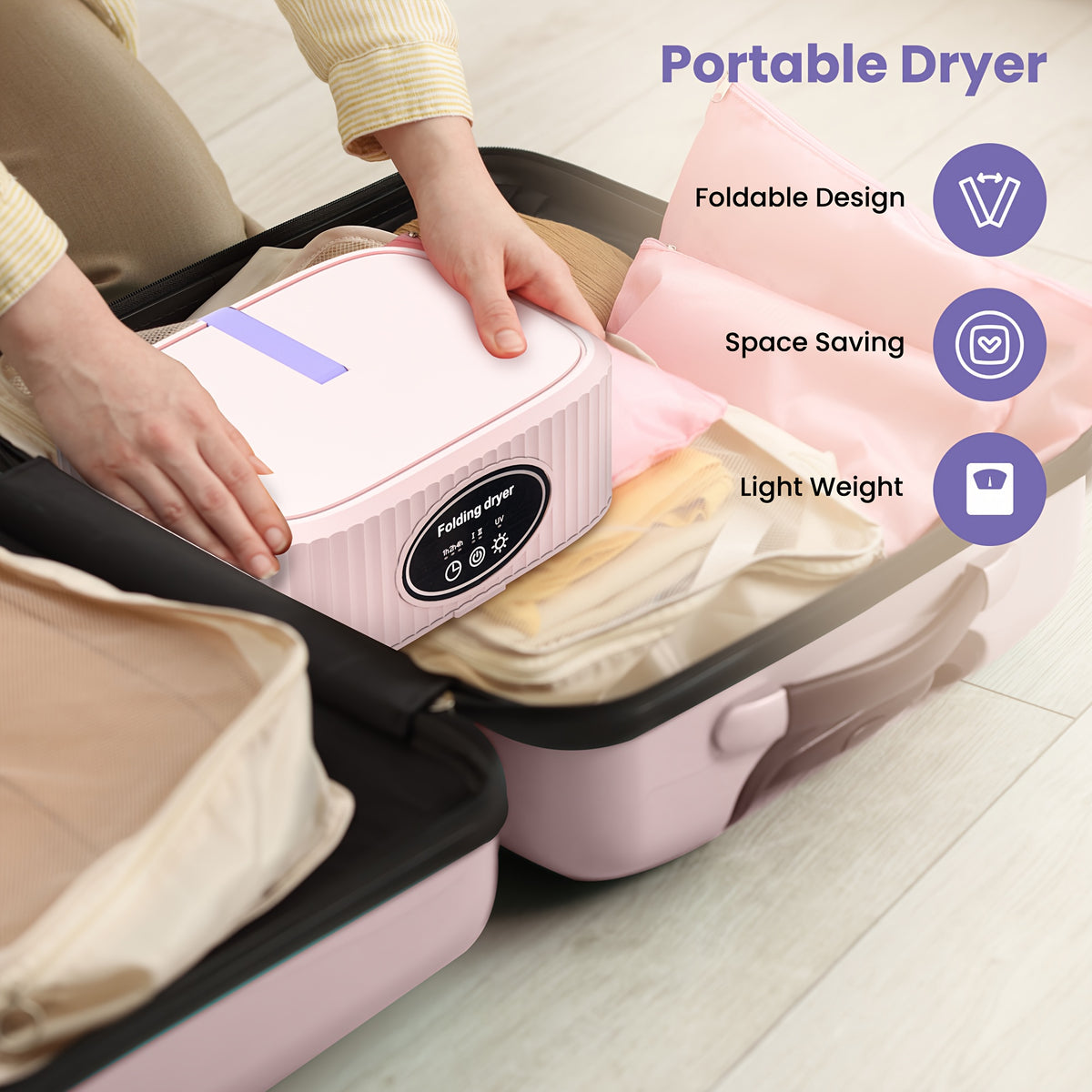 Foldable Portable Clothes Dryer with Timer and Listed Built-In LED UV Feature, Compact Laundry Care Machine in Pink, Khaki or Purple for Apartment, Travel and RV Use