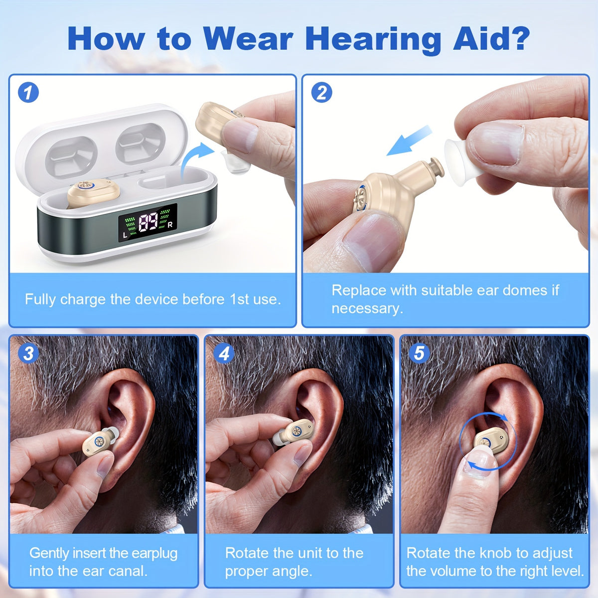 In-Ear Rechargeable Hearing Devices by K&FCOPTEE with Rotary Volume Control, Digital Display Charging Case and Three Ear Dome Sizes, One Pair