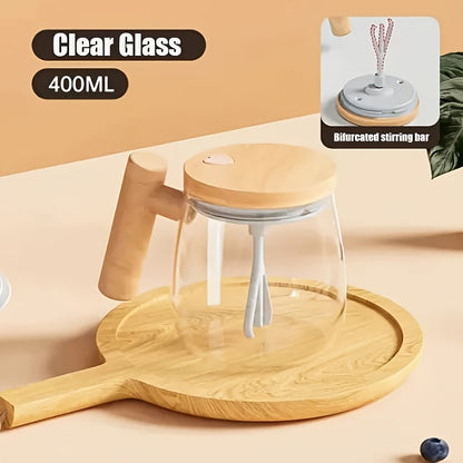 Self-Stirring Mug 400ml OBS-JB01 with Listed 8cm Stirring Bar, Borosilicate Glass and Imitation-Wood Plastic Design for Coffee, Milk and Compatible Powdered Drinks