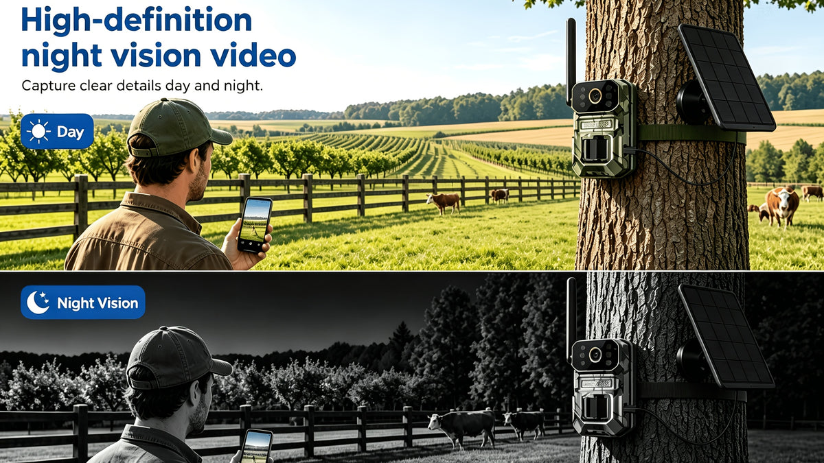 Farm Solar Trail Camera for Orchard and Livestock Monitoring with 125° Wide-Angle View, Listed 20W Solar Panel, 6000mAh Battery and Mounting Straps