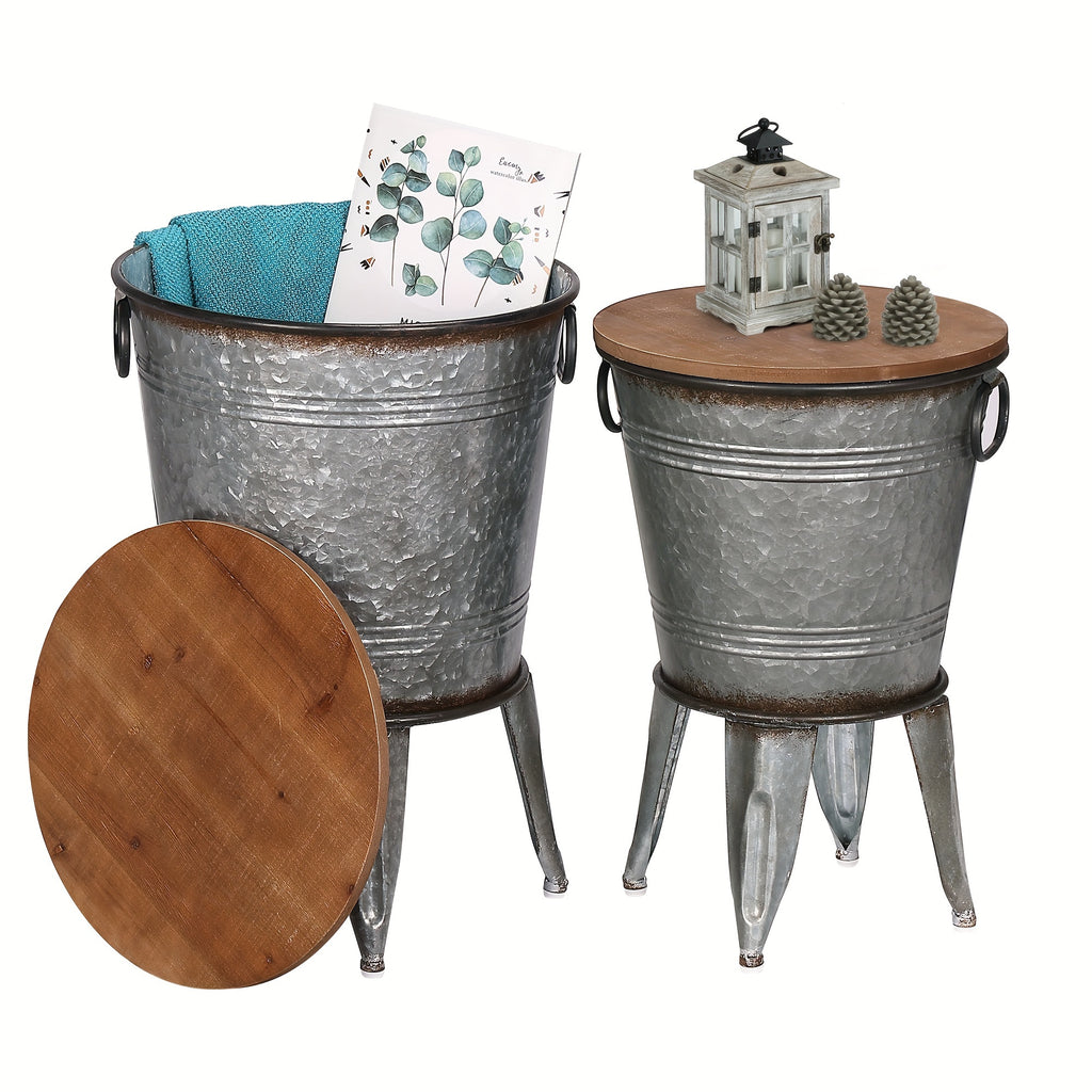 Farmhouse End Tables Set of Two with Metal Nesting Design and Round Wood Lids, Galvanized or Distressed White Accent Furniture for Rustic Living Room Styling