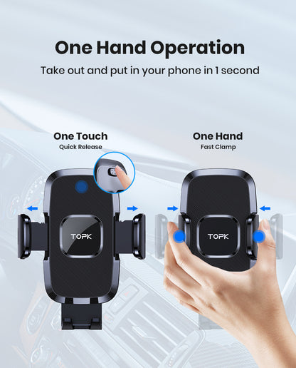 TOPK Car Air Vent Phone Mount with Adjustable Clamp Cradle, Black ABS Smartphone Holder for Compatible Vehicle Vents and Navigation Screen Positioning