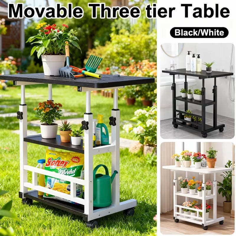 Adjustable Height Garden Workbench with Listed Metal Structure and Lockable Wheels, Plant Work Table in Wood Grain Black or Pearl White with Storage Options