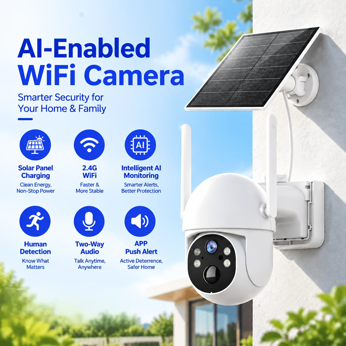 Solar WiFi Pan-Tilt Security Camera, 3MP Monitoring with Color Night Vision, Two-Way Audio, AI Detection and Sound Light Alerts, One Two or Four Camera Options