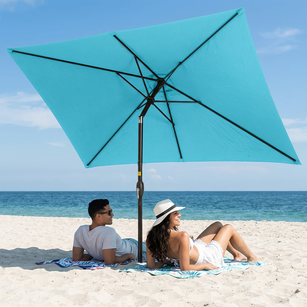 Rectangular Patio Umbrella with Listed 6.5 x 10 ft Polyester Canopy, Aluminum Pole, Crank and Six Steel Ribs in Blue, Black, Grey, Khaki or Red for Outdoor Tables