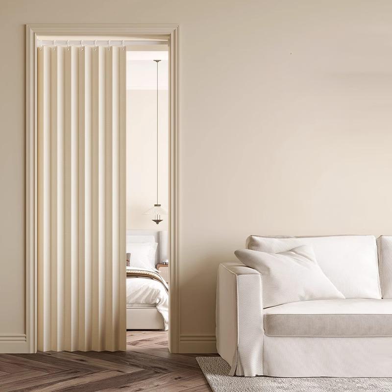 Accordion Door Curtain in Polyester with Hooks and Storage Straps, Foldable Room Divider Panel in Four Colors and Two Unfolded Sizes for Home Interiors