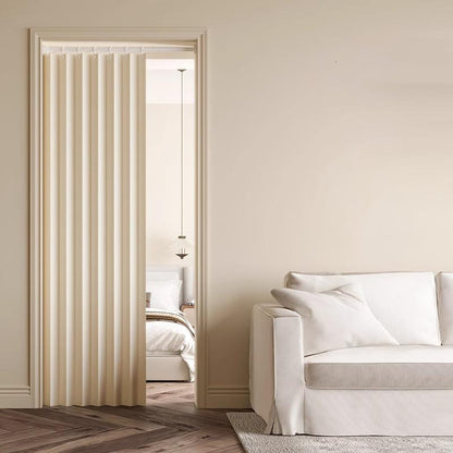 Accordion Door Curtain in Polyester with Hooks and Storage Straps, Foldable Room Divider Panel in Four Colors and Two Unfolded Sizes for Home Interiors