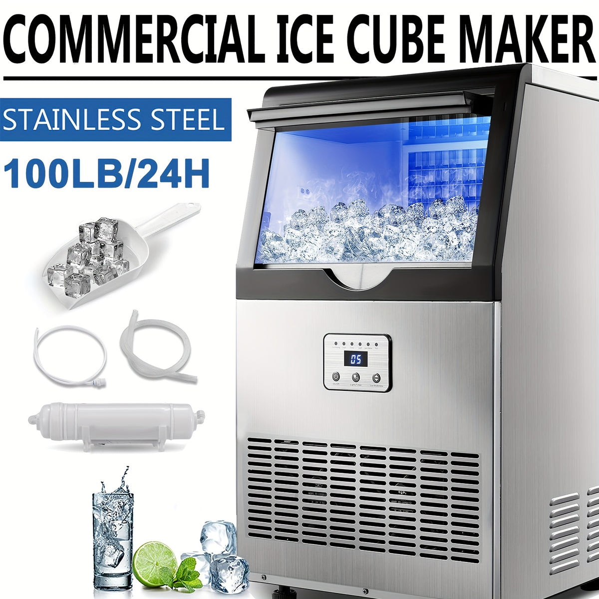 Commercial Ice Maker with Listed 100lb Daily Production and 13lb Storage Bin, Silver Freestanding or Under-Counter Ice Machine with Filter and Scoop