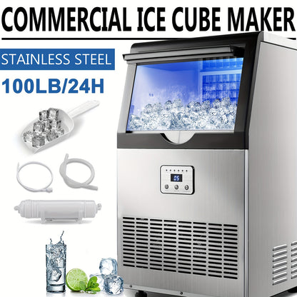 Commercial Ice Maker with 13lb Storage Bin, Listed 100lb Daily Production, Silver Freestanding or Under-Counter Machine with Water Filter, Scoop and Hose