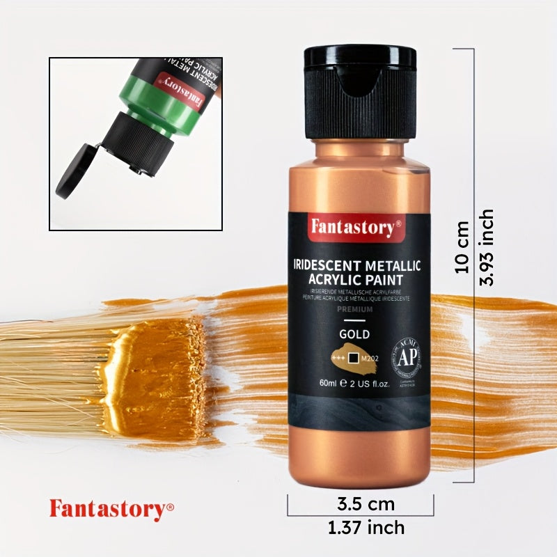 Metallic Iridescent Acrylic Paint Set by Fantastory, 12 Colors in 2oz Bottles with 12 Brushes for Color-Shifting Canvas, Wood, Rock and Ceramic Crafts