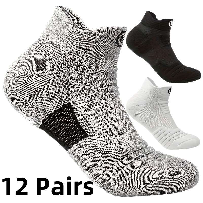 Cushioned Men's Sports Socks 12-Pair Pack with Thick Towel Fabric Soles, Polyester Knit and Six Black, White or Gray Color Options for Active and Casual Wear