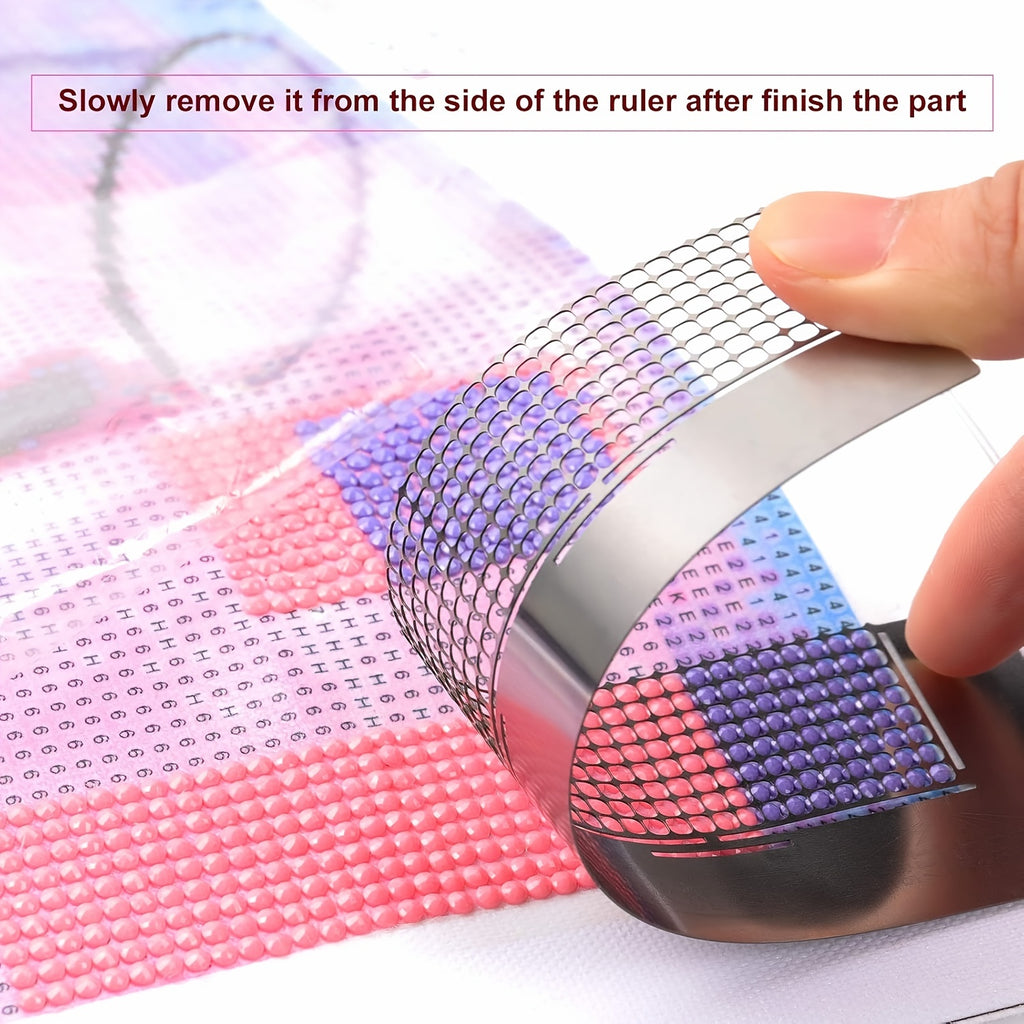 Diamond Painting Ruler Set, Six-Piece Craft Guide with Listed Stainless Steel Mesh and Cross Flower Hole Drawing Options for DIY Diamond Art Projects