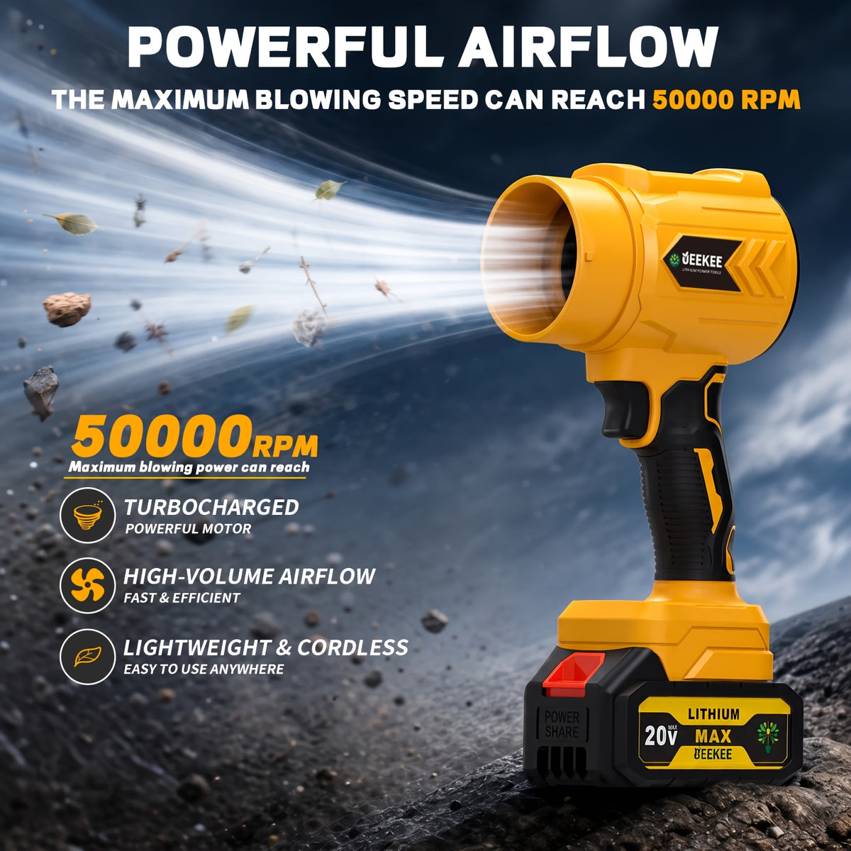 Turbine Cordless Leaf Blower with Listed 50000RPM Motor and 20V Wording, Black Single-Battery or Yellow Two-Battery Bag Options for Yard Cleanup