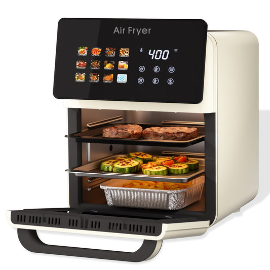 Viewing-Window Air Fryer Oven with Listed 10Qt Capacity, 12-in-1 Cooking Design, Touchscreen Controls and Nonstick Basket in Cream White or Black for Kitchen Use