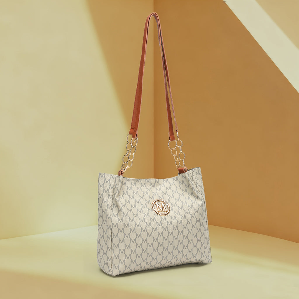 M-Print PU Tote Bag for Women in Black, Vintage-Inspired Shoulder Handbag with Zipper Closure and Hardware Accents for Shopping and Casual Travel