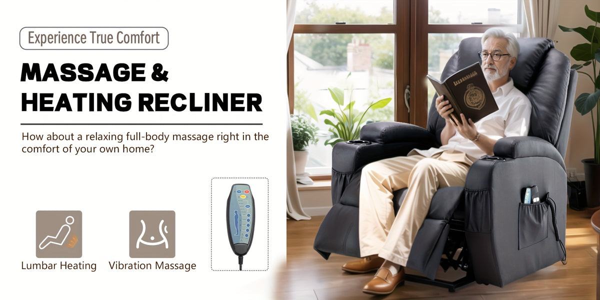 Power Lift Recliner Chair with Massage and Heating Functions, Remote Control and Cup Holder for Home Relaxation, Color and Upholstery Label Options