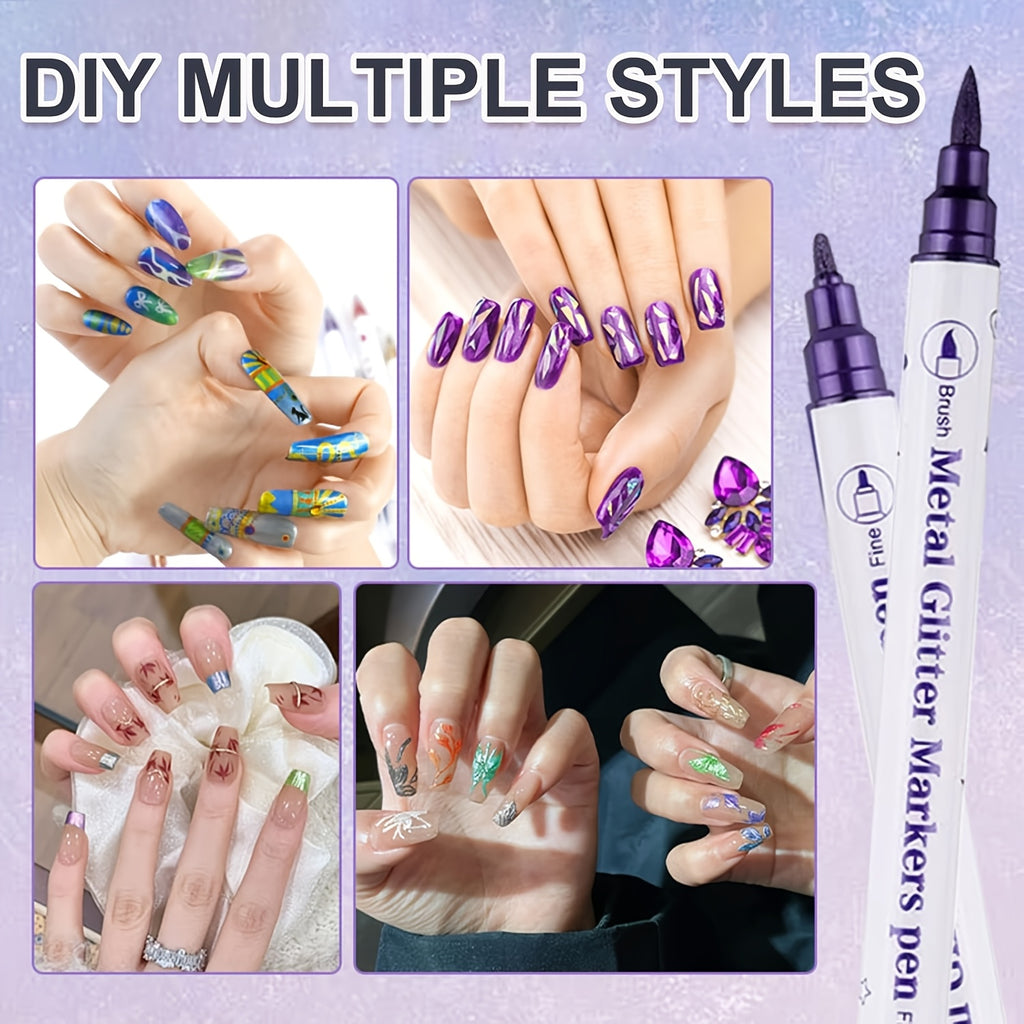 Metallic Nail Art Pens with Double-Ended Acrylic Paint Marker Design, 10-Color Quick-Drying Selection for Decorative Dots, Lines and DIY Home or Salon Manicures