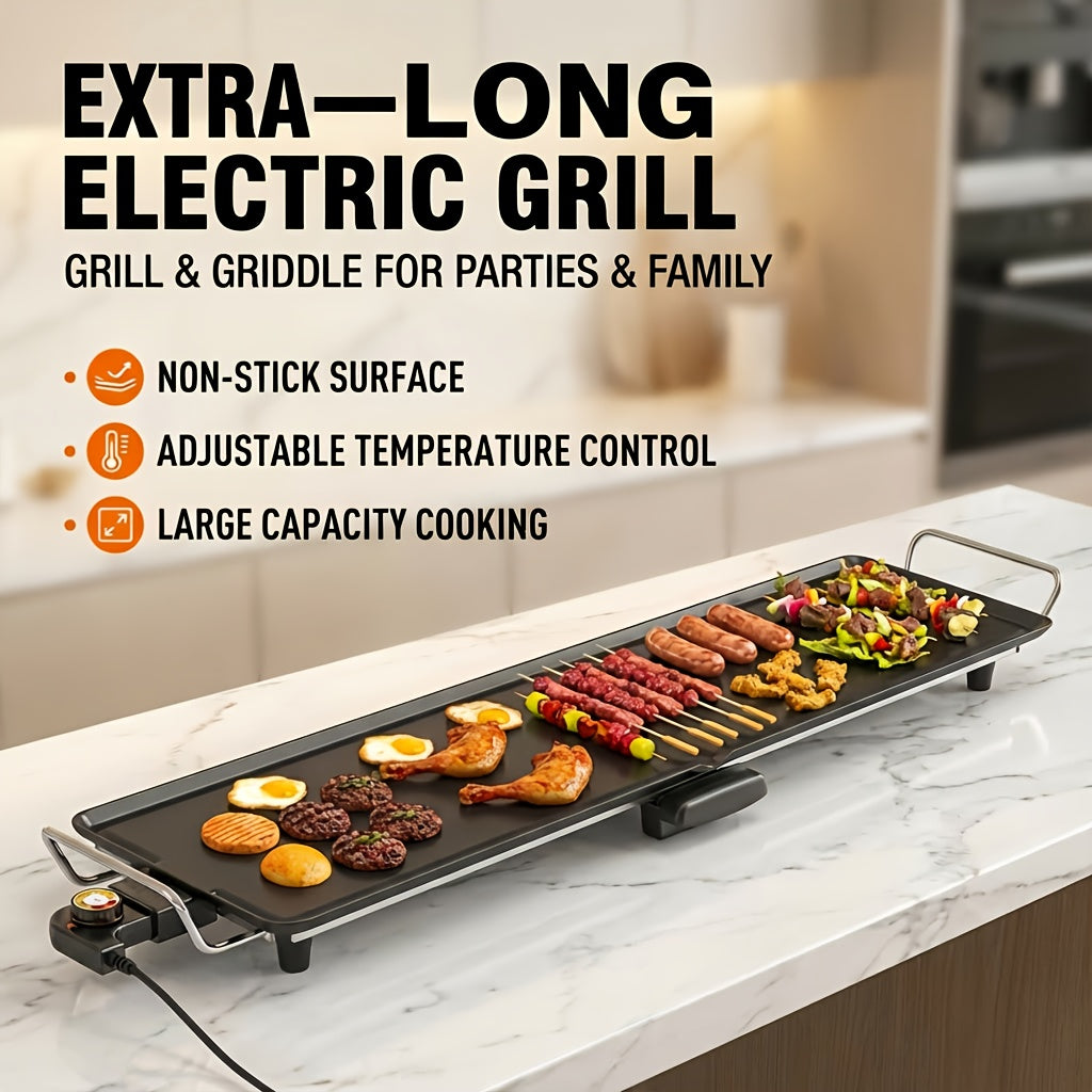 Electric Grill with Nonstick Roasting Surface, Adjustable Temperature and Listed Drip Tray, Extended-Length, Medium or Large Options for Family Meals