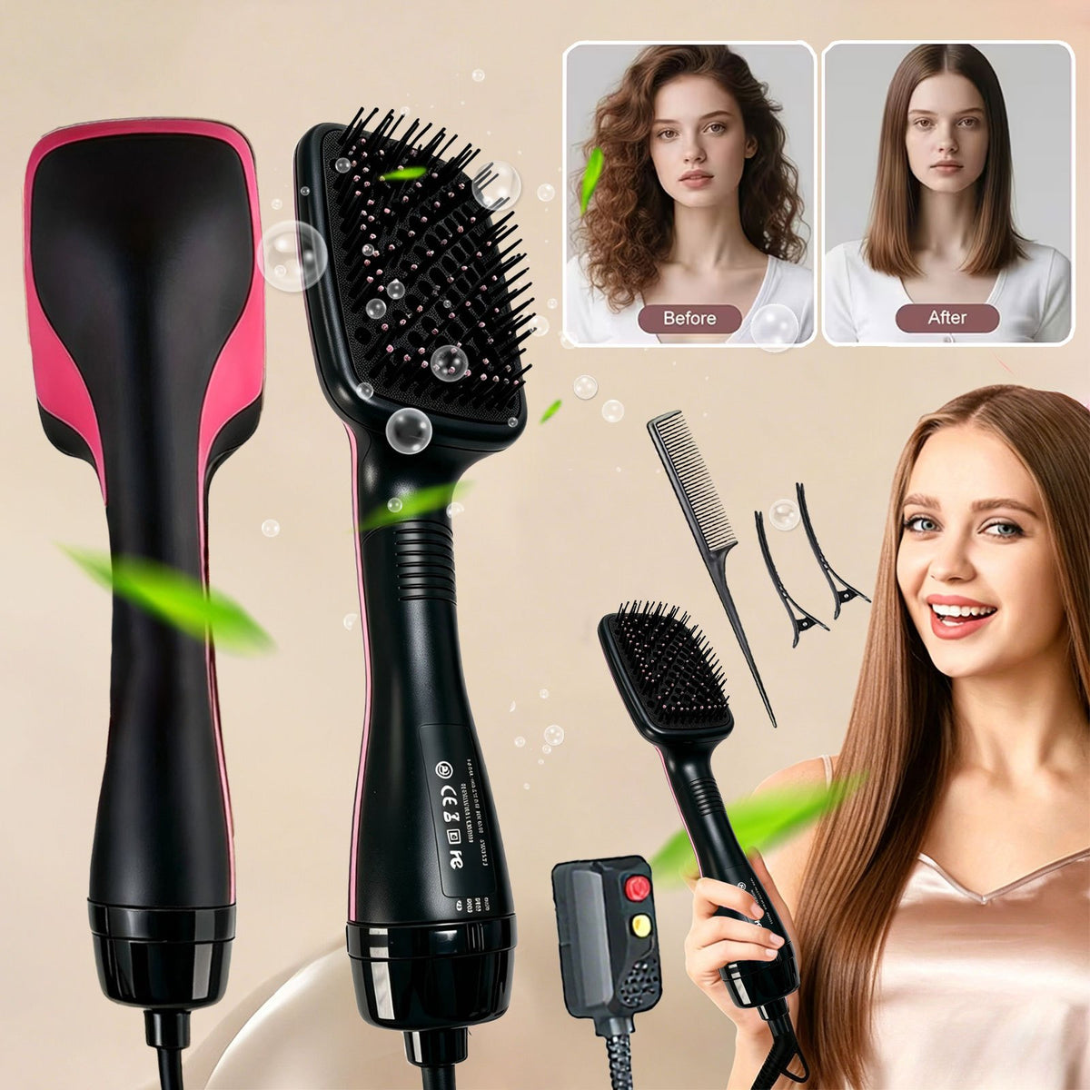 Blow Dryer Brush Straightener 3-in-1, One Step Hot Air Brush for Detangling, Straightening and Fast Drying, Anti-Frizz Salon-Quality Hair Styling Tool for Smooth, Shiny Straight Hair, Gift for Women
