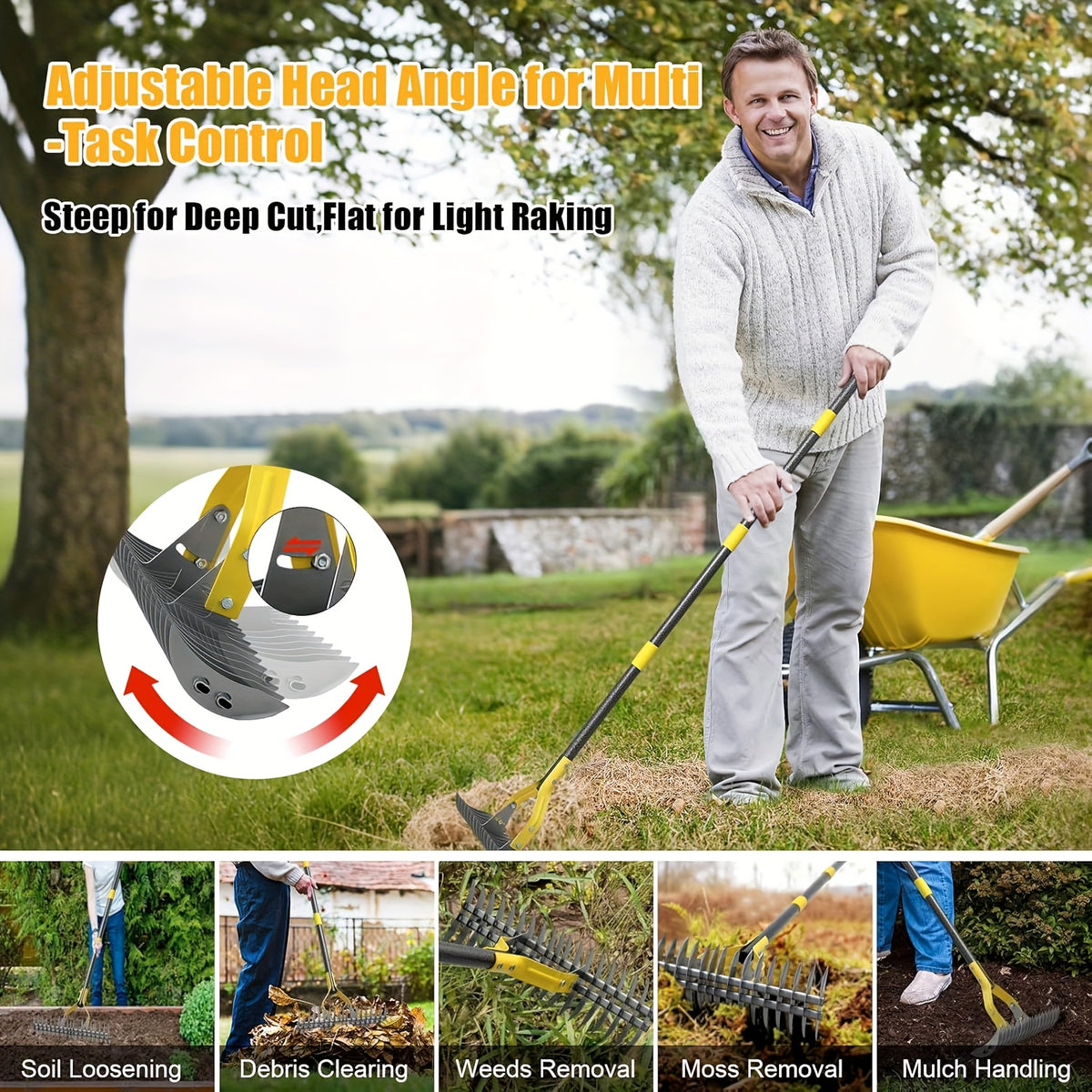 Thatch Rake with Listed 15-Inch Dethatching Blade, Manual Dual-Action Lawn Scarifier in 55inch or 72inch Models for Dead Grass Removal and Yard Care