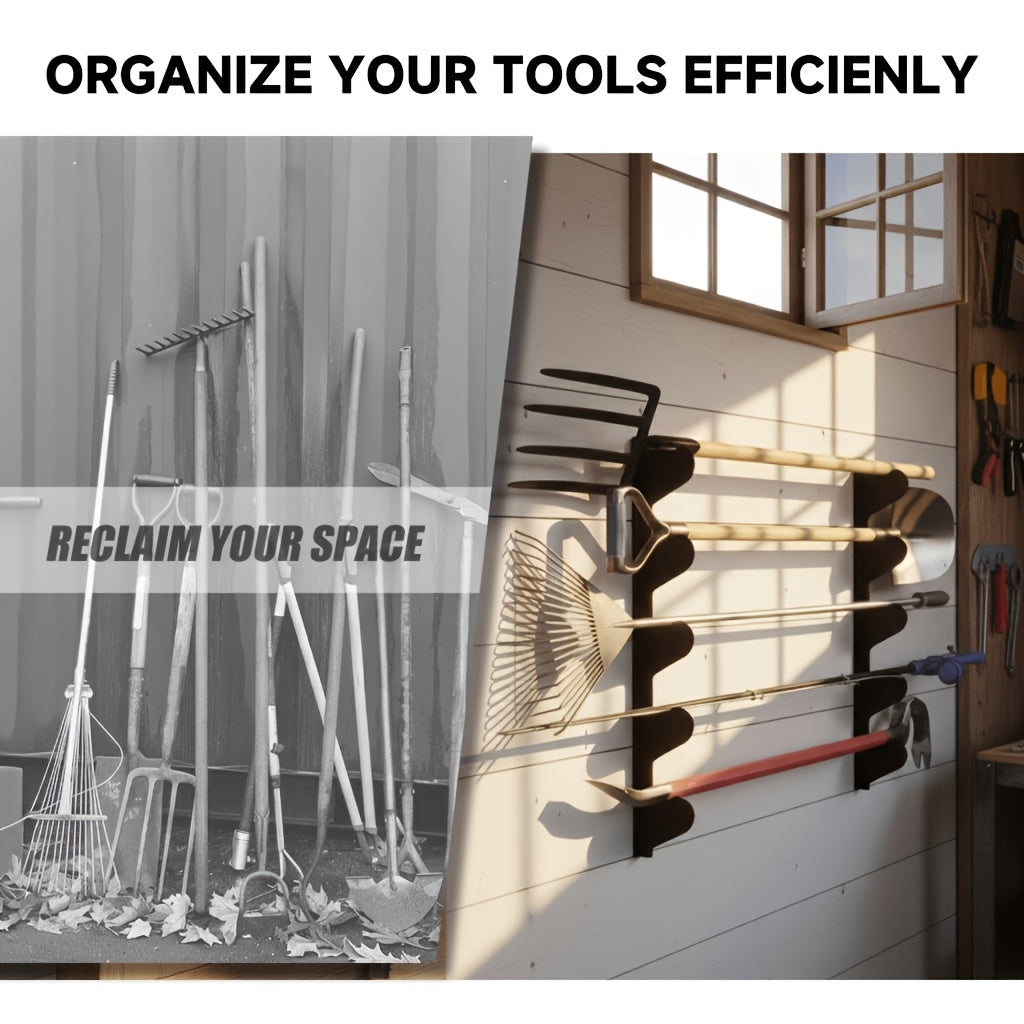 Wall Mount Tool Rack 2-Pack in Black, Space-Saving Garden and Garage Tool Organizer for Shed Storage, Home Workshops and Utility Areas