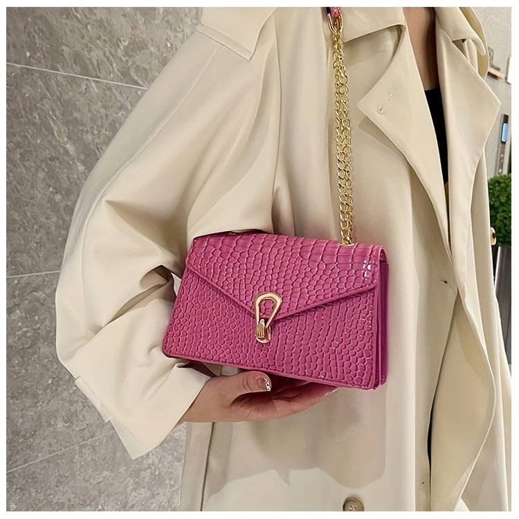 Reptile-Pattern Crossbody Bag for Women with Chain Strap Styling and Gold-Tone Hardware, White, Green or Rose Red Shoulder Purse for Casual and Evening Outfits