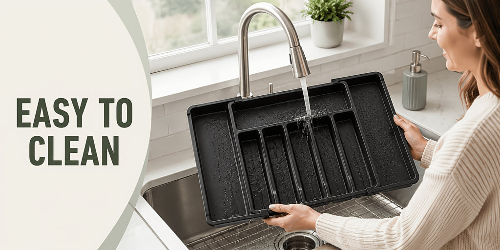 Expandable Silverware Drawer Organizer, BPA-Free Adjustable Plastic Cutlery Tray in Black or White for Kitchen Spoon, Fork and Knife Storage