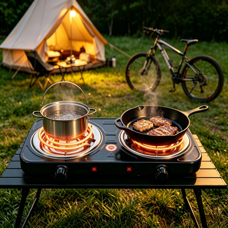 Double-Coil Electric Hot Plate with Five Adjustable Heat Settings, Black Tabletop Cooking Stove with Two Burner Option Labels for Home Kitchen Meal Preparation
