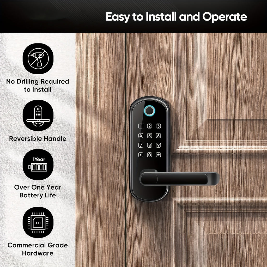 WiFi Smart Door Lock with Handle, Listed Fingerprint and Digital Keypad Access in Black or Silvery for Compatible Home Entryways, Office and Garage Access Doors