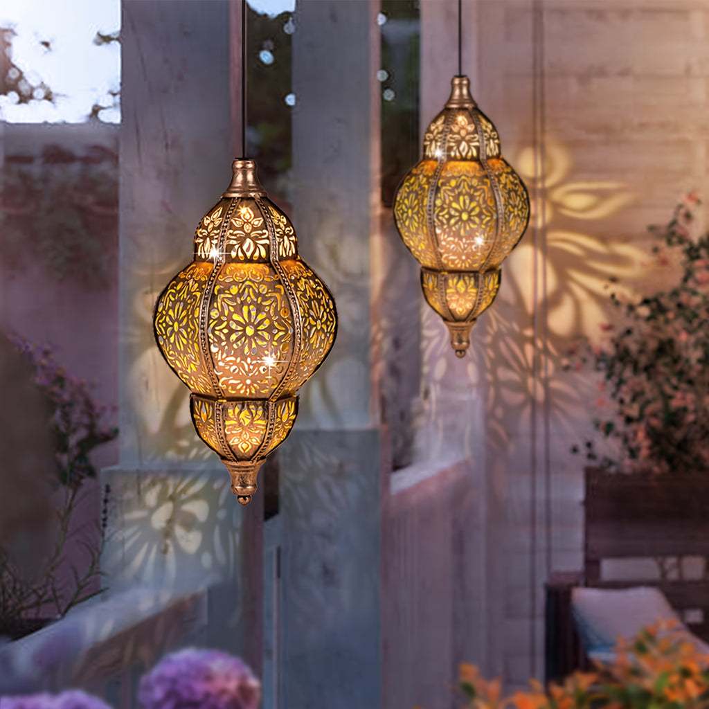 Solar Pendant Lantern in Copper Color with Listed Hollow-Out Iron Design and 27.17-Inch Size Wording for Decorative Patio, Garden, Deck and Porch Displays